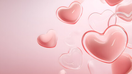 Floating translucent hearts in soft pink background for romantic themes and designs