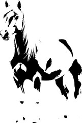 A dynamic black silhouette of a horse  exuding grace and strength against a clean white backdrop