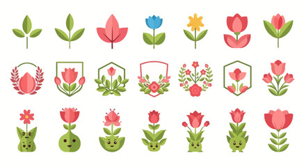 Obraz premium Collection of stylized flat-design flower, leaf, and plant icons, some with faces