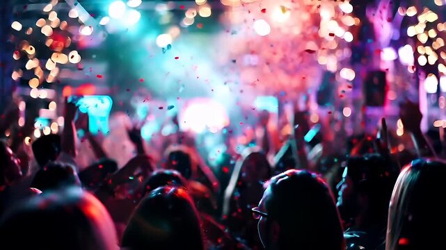 Birthday holiday celebration decoration. A vibrant, colorful crowd at a lively event, captured with a shallow depth of field to emphasize the foreground and the bokeh effect in the background.