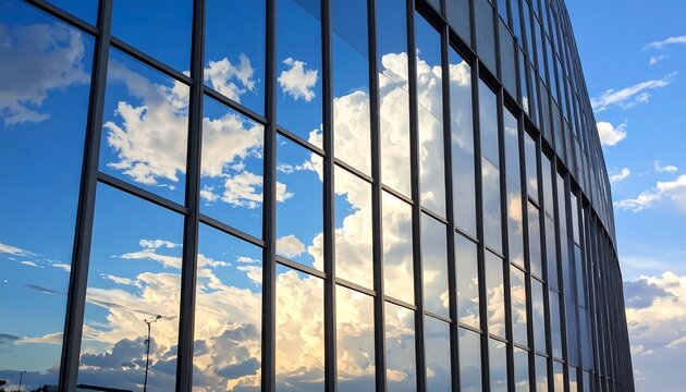 Close-up of modern skyscraper with reflective glass panels mirroring a vibrant blue sky filled with fluffy white clouds