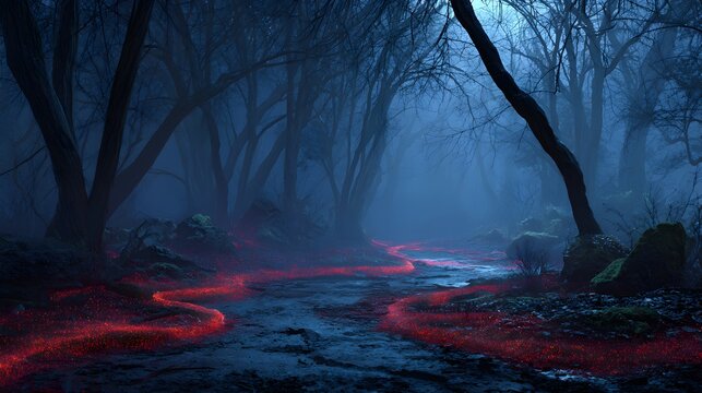 Ethereal enchanted forest path glows with mystical red light, creating a captivating journey through a surreal, foggy landscape