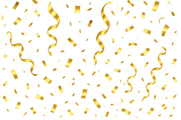 Obraz premium Golden confetti and streamers falling, celebrating party, event, or holiday on a transparent background