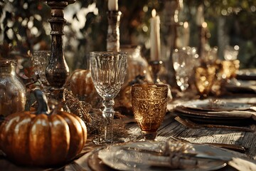 Elegant autumn harvest table setting with pumpkins, crystal glassware, and warm candlelight creates a magical fall gathering atmosphere