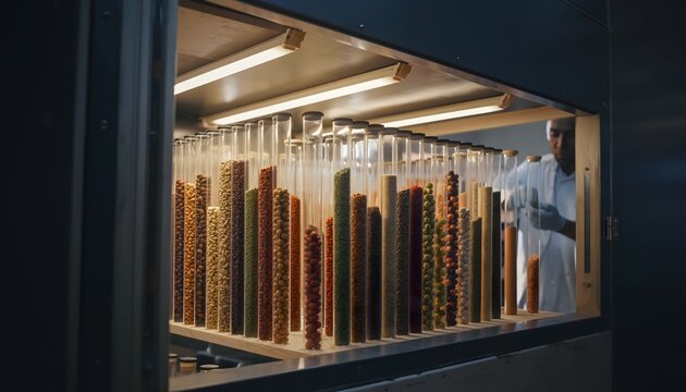 Intimate, photorealistic shot inside a state-of-the-art urban seed vault showcasing clear tubes filled with diverse legumes, a scientist in background.