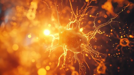Neuron cell interacting with glowing neural network synapses