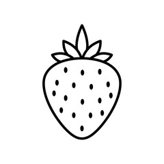 Strawberry Fruit Icon with Seeds and Green Leaves in Minimal Line Style