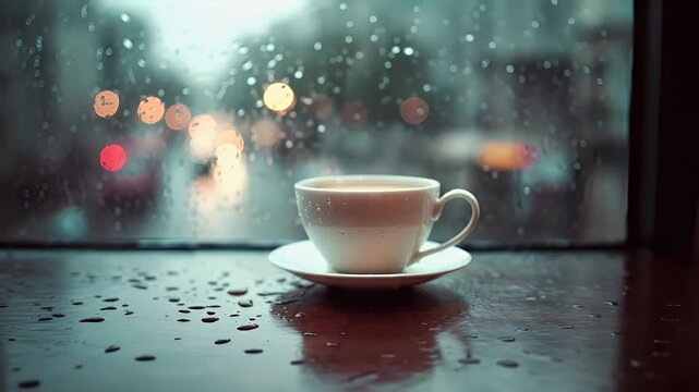A closeup of a cup of coffee on a saucer with water droplets on it. The cup is white with a brownish hue.