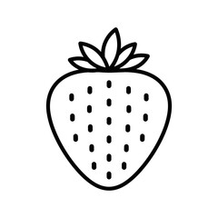 Strawberry Fruit Icon with Seeds and Green Leaves in Minimal Line Style