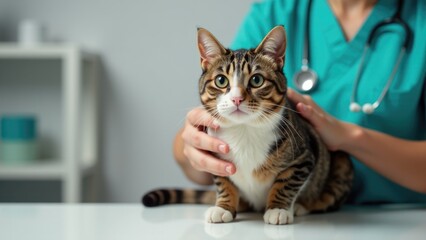 A veterinarian examines a curious cat