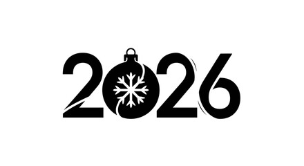 Creative black number 2026 with a Christmas bauble ornament and snowflake design.