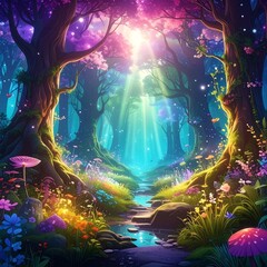 Obraz premium Magical forest path bathed in vibrant light (1)
