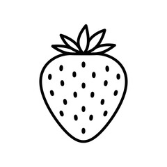 Strawberry Fruit Icon with Seeds and Green Leaves in Minimal Line Style