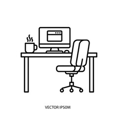 Home Office Workspace Icon with Computer Desk Chair and Coffee Cup