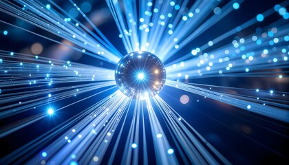 Ultra-realistic close-up macro shot of a single, highly polished quantum computing core sphere surrounded by brilliant blue light fiber optics.