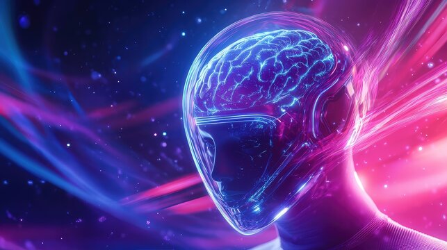 Artificial intelligence brain glowing in futuristic human head