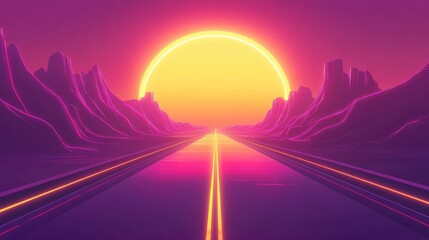 Retro neon road traveling through futuristic mountain landscape