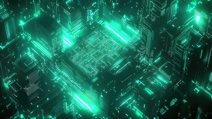 Futuristic city circuit board grid illuminating technology