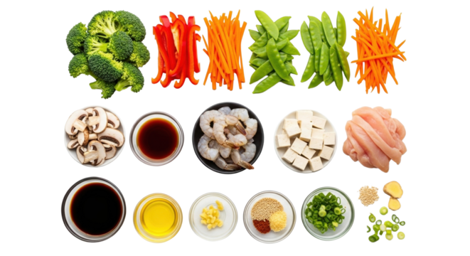 Top View Stir Fry Ingredients on Clean White Surface PNG Clean