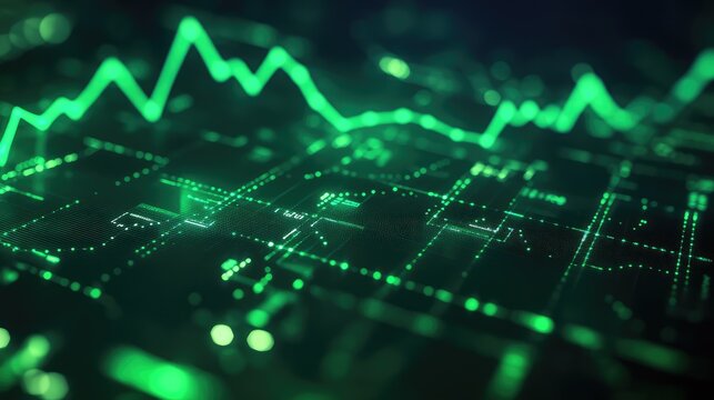 Data analytics with green glowing financial graph over circuit board