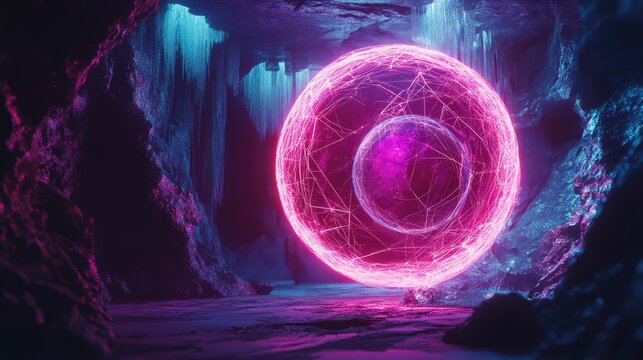 Glowing fractal orb energy in futuristic cave environment