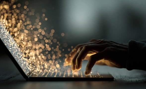 Hands typing on laptop keyboard generating digital light particles