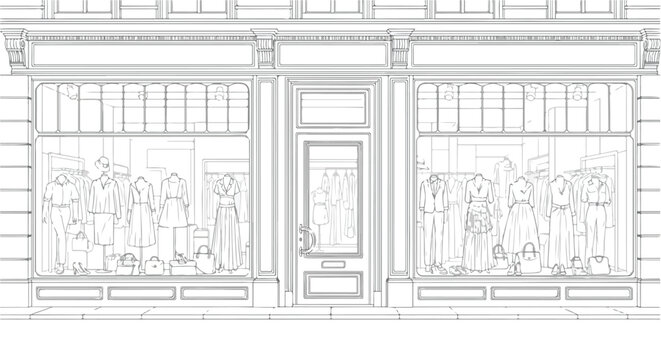 Architectural storefront drawing of a modern boutique featuring large glass windows, parallel structural framing, symmetrical layout, and clean urban commercial expression.