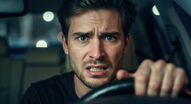 Close-up of an angry man driving a car at night. Stressed male driver showing frustration and road rage in traffic