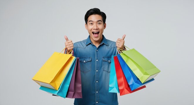 Excited young Asian man holding colorful shopping bags and showing thumbs up. Happy customer enjoying a sale or discount. Isolated on a gray background with copy space - Powered by Adobe