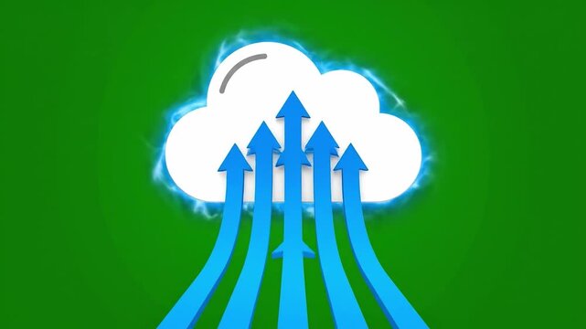 Dynamic cloud computing evolution with upward arrows on vivid green backdrop animation