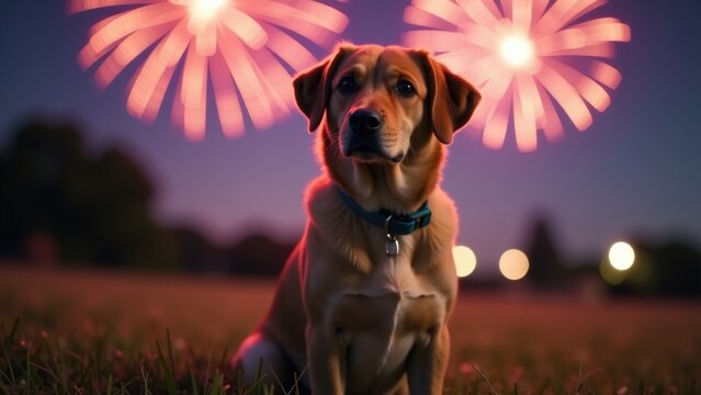 A dog sits in a green field with colorful fireworks exploding in the background