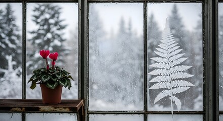 Winter Window View with Red Cyclamen Flower and Fern Decal