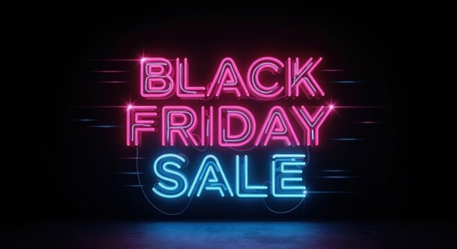 Glowing Black Friday Sale neon sign on a dark background. Pink and blue electric light for a retail promotion. Holiday shopping event advertisement with copy space