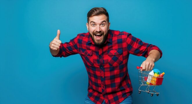 Happy man with a mini shopping cart full of products gives a thumbs up. Excited customer after a successful purchase on sale. Isolated on a blue background