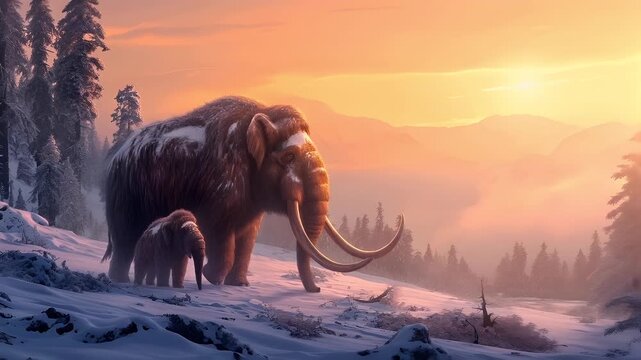 A vivid portrayal of a mammoth and its calf in a snowy landscape during sunset. The mammoth and calf are depicted in a realistic style, with intricate details such as the texture of the fur.