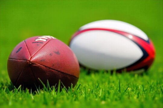 American Football and Rugby Ball on Grass Field A high angle, close up shot of a well worn American football and a slightly scuffed rugby ball resting on a lush, green, dew kissed grass field. The