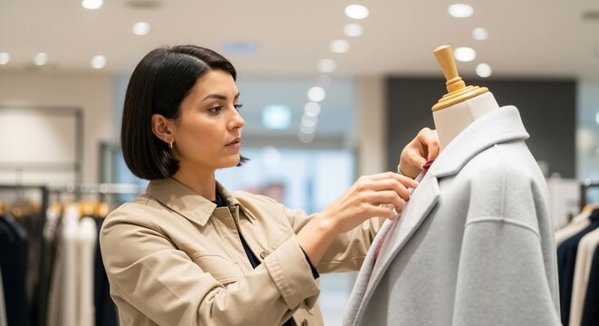 A fashion stylist adjusting a gray coat on a mannequin in a clothing store. Professional woman working in a retail boutique with a new collection - Powered by Adobe