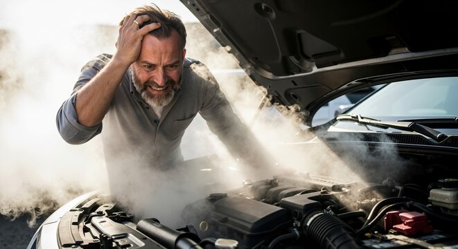 Frustrated man looking at a smoking engine after a car breakdown. Stressed driver with an overheated vehicle problem on the road needing assistance