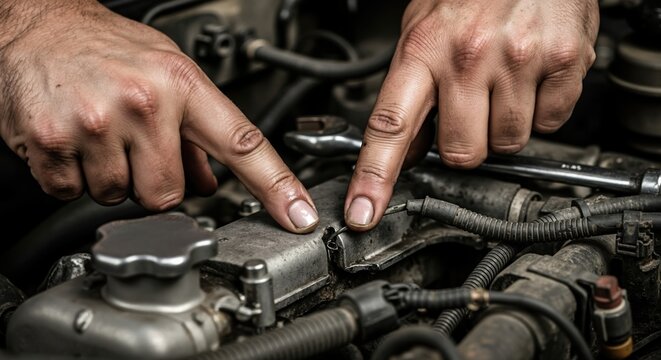 Mechanic's hands pointing at a car engine during inspection. Close-up of an auto technician diagnosing a vehicle problem. Automotive repair and maintenance service