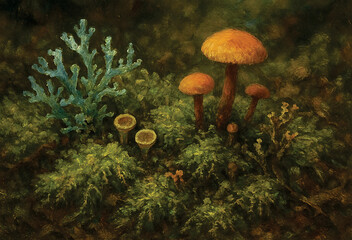 Contemporary Art Painting stock illustration with mushroom and other in-water plants.