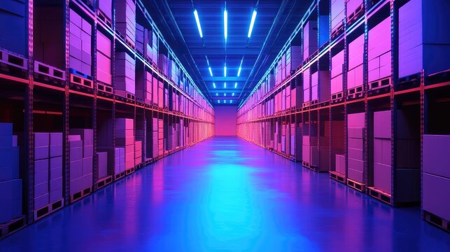 Futuristic warehouse storing merchandise with neon blue and pink lighting