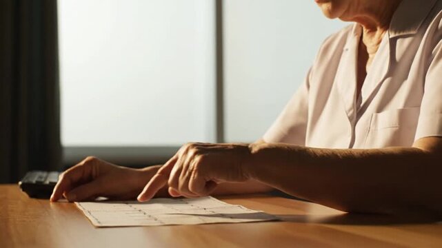Doctor or nurse analyzing an ECG strip on a desk, pointing at heart rhythm waveforms under soft natural lighting. Focus on medical reading and diagnosis.