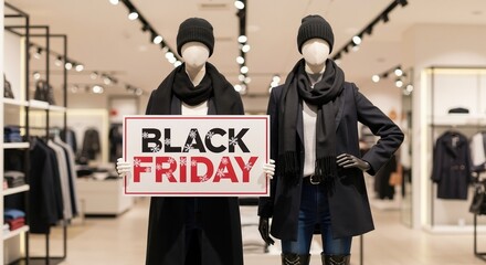 Mannequins in a clothing store holding a Black Friday sale sign. Winter fashion promotion for holiday shopping. Retail display advertising seasonal discounts