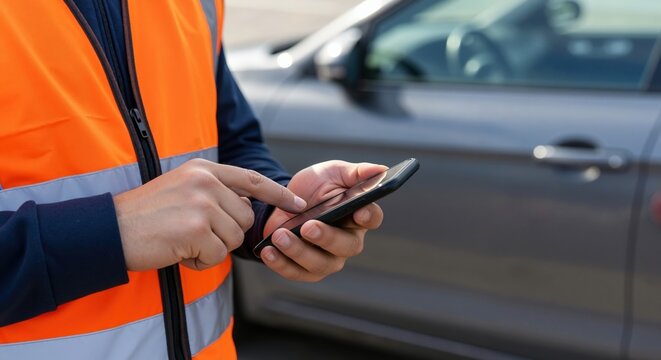 Service worker in an orange safety vest using a smartphone. Close-up of a man's hands with a mobile phone for roadside assistance or logistics.