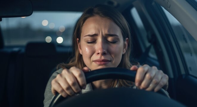 Sad young woman crying in a car at night. Distraught female driver feeling emotional distress and despair. Concept of heartbreak and depression