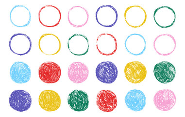 Set of colorful round shapes, outlines, and circles with chalk and crayon texture. Hand-drawn vector illustration in rough sketch style for text emphasis and creative design on transparent background