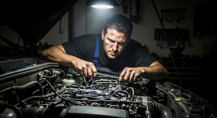 Dirty car mechanic repairing an engine in a workshop. Focused male technician working on vehicle maintenance with a tool under a light