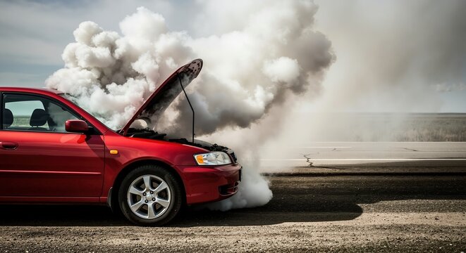 A smoking car with an open hood is broken down on the side of the road. Vehicle engine failure and overheating problem. Roadside emergency and assistance concept