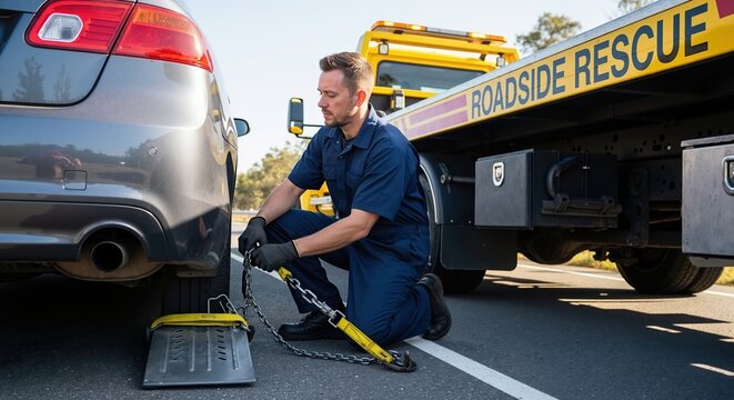 Tow truck operator securing a broken down car for towing. Professional roadside assistance service worker attaching a vehicle to a flatbed wrecker