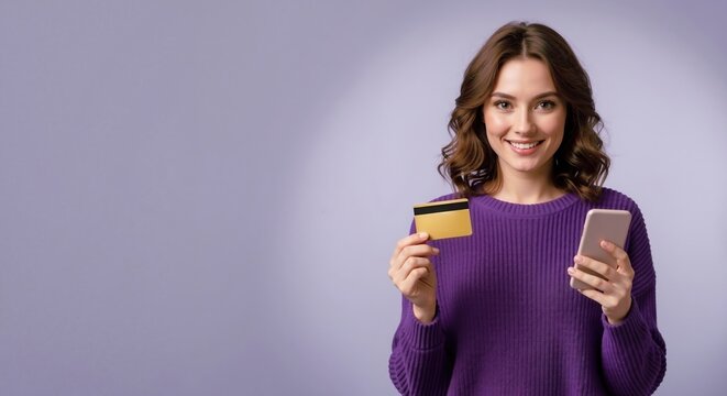 Smiling woman holding a credit card and smartphone for online shopping. Happy customer making a mobile payment. E-commerce and fintech concept with copy space